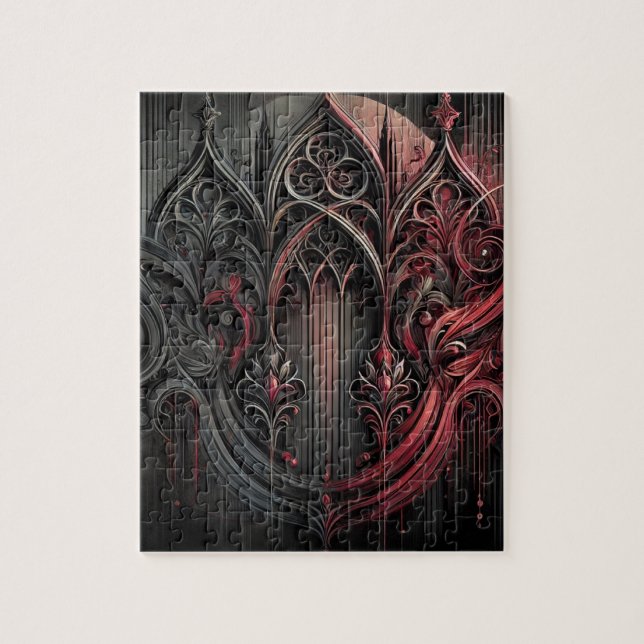 Gothic Arched Art Puzzle – Intricate Black and Red (Vertical)