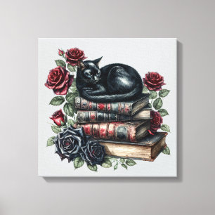Gothic Art Black Cat Antique Books Crimson Roses Canvas Print