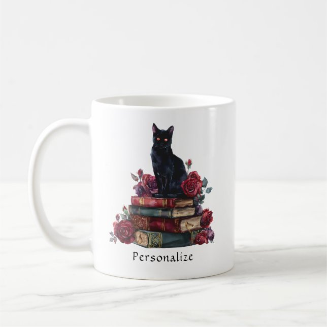 Gothic Art Black Cat Antique Books Crimson Roses Coffee Mug (Left)