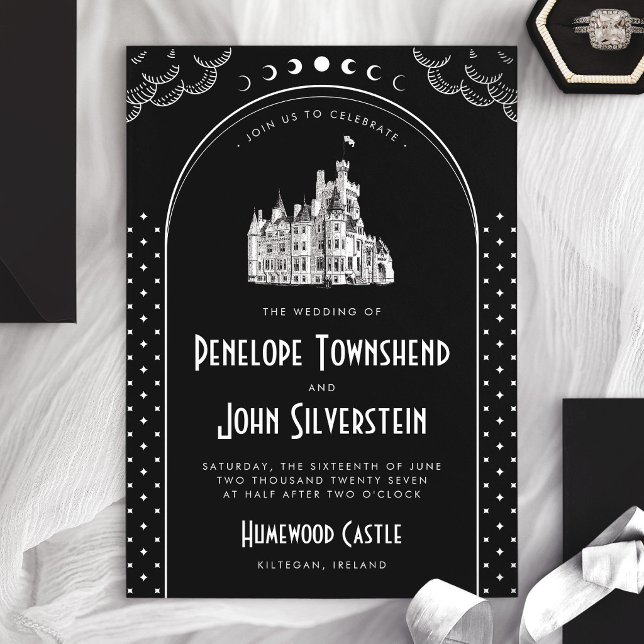 Gothic Art Deco Black White Castle Wedding Invitation (Gothic Art Deco Black White Castle Wedding Invitation)