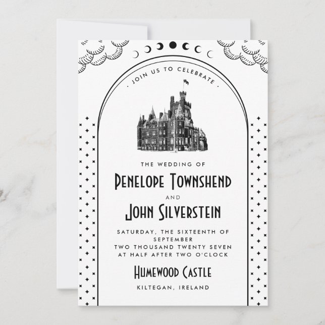 Gothic Art Deco Black White Castle Wedding Invitation (Front)