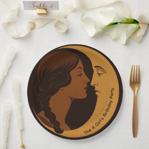 Gothic Art Deco Girl and Crescent Moon editable Paper Plate