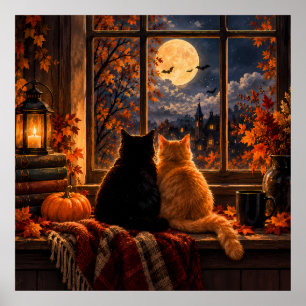 Gothic Autumn Cats Poster – Cozy Halloween Art