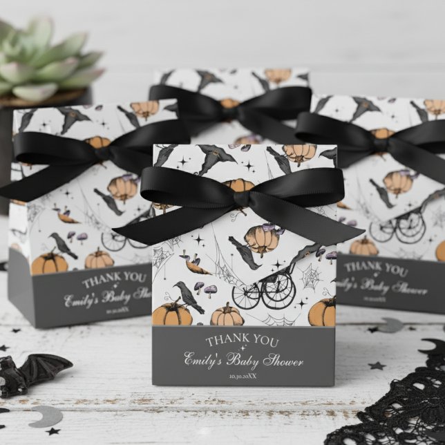 Gothic Baby Carriage Baby Shower Thank You Favor Box (Gender Neutral Gothic Gray Halloween Baby Shower Favor Boxes. Vintage Baby Carriage, Black Raven)