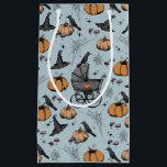 Gothic Baby Carriage Halloween Blue Small Gift Bag<br><div class="desc">This artsy yet elegant Halloween gift bag features hand-drawn illustrations in black ink by Nathalie Portet. Against a chic French blue background, images of Victorian baby carriages, witch hats, black crows, pumpkins, spiderwebs, bubbling cauldrons and tiny speckled mushrooms adorn this gift bag. Ideal for Halloween Baby Showers, 1st Halloween, 1st...</div>