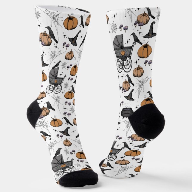 Gothic Baby Carriage, Raven & Pumpkin Halloween Socks (Angled)
