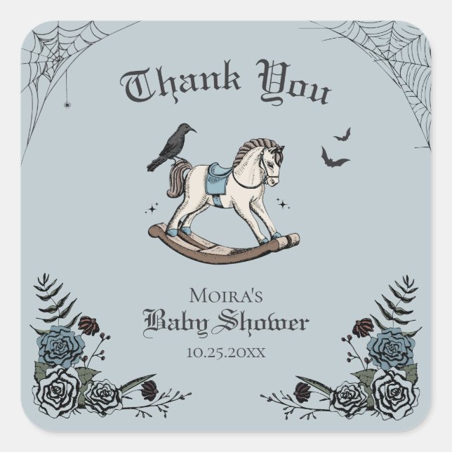 Gothic Baby Shower Rocking Horse Thank You Square Sticker (Front)