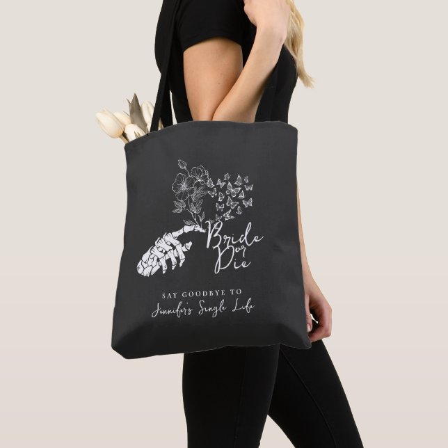 Gothic Bachelorette Party Bride or Die Floral Tote Bag (Close Up)