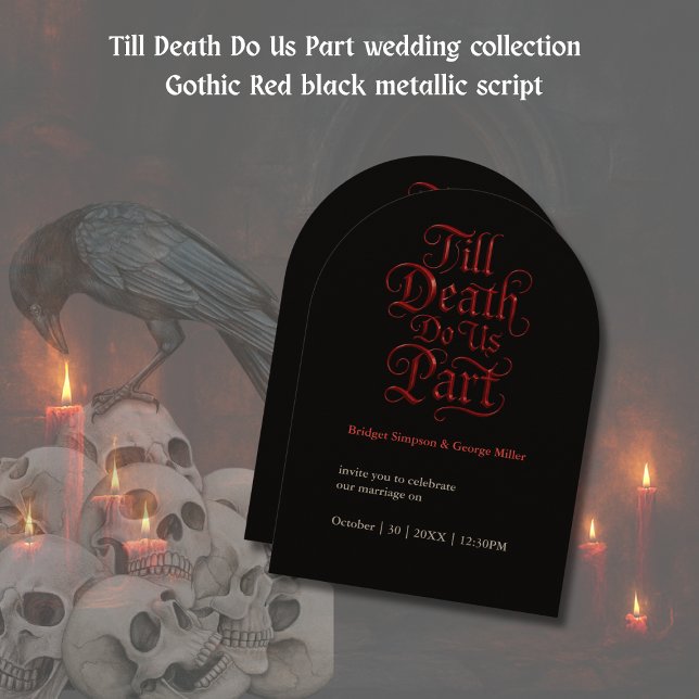 gothic bachelorette Red Metallic Script on Black Invitation (Creator Uploaded)