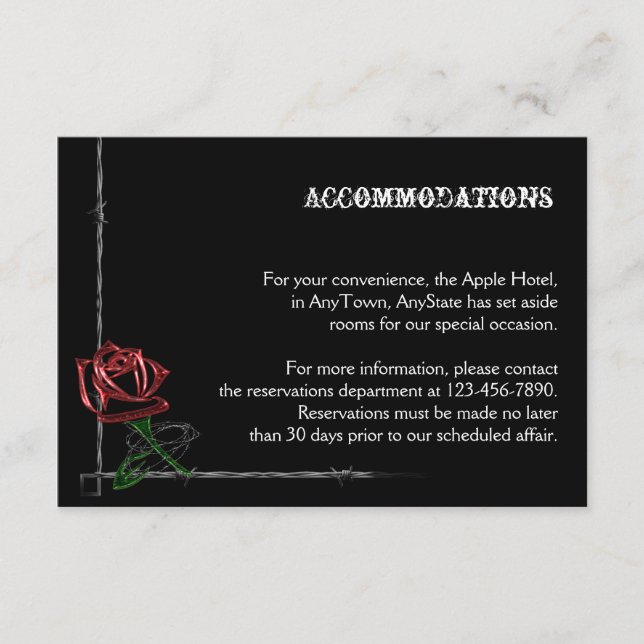 Gothic Barbed Wire and Rose Wedding Accomodations Enclosure Card (Front)