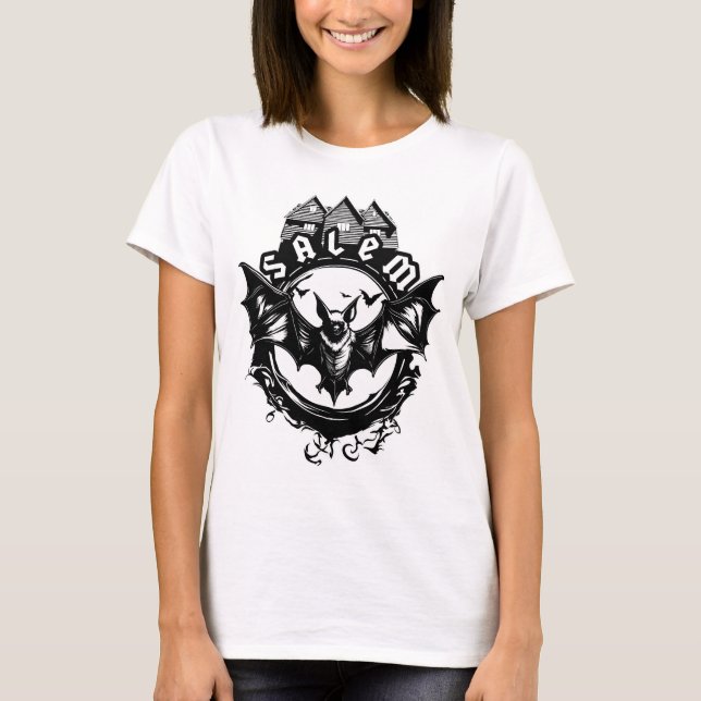 Gothic Bat And Salem Witch House T-Shirt (Front)