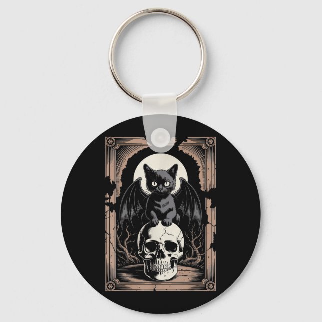 Gothic Bat Cat Skull Goth Black Metal Horror Cat Keychain (Front)
