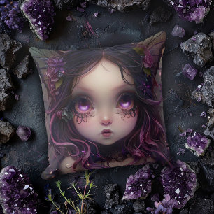 Gothic Bat Girl in Purple Throw Pillow