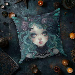 Gothic Bat Girl in Teal Throw Pillow