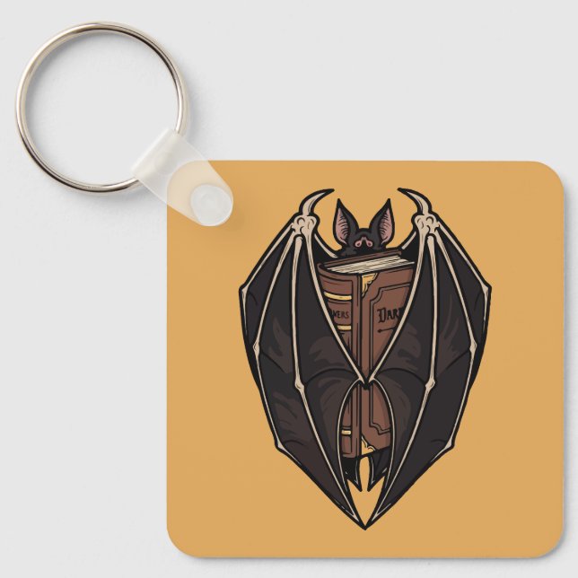 Gothic Bat Reading Dark Spell Book Keychain (Front)