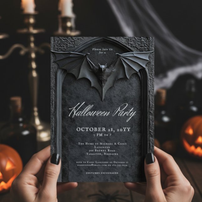 Gothic Bat Tombstone Halloween Party Invitation (Creator Uploaded)
