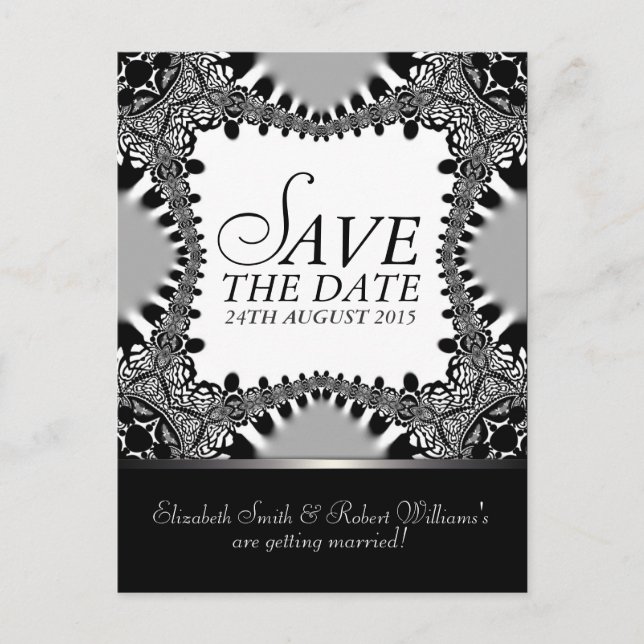 Gothic Batik Save the Date Black + Silver Postcard (Front)