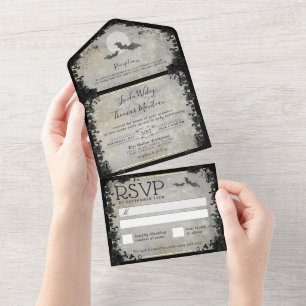 Gothic Bats Grey Elegant Halloween Wedding All In One Invitation