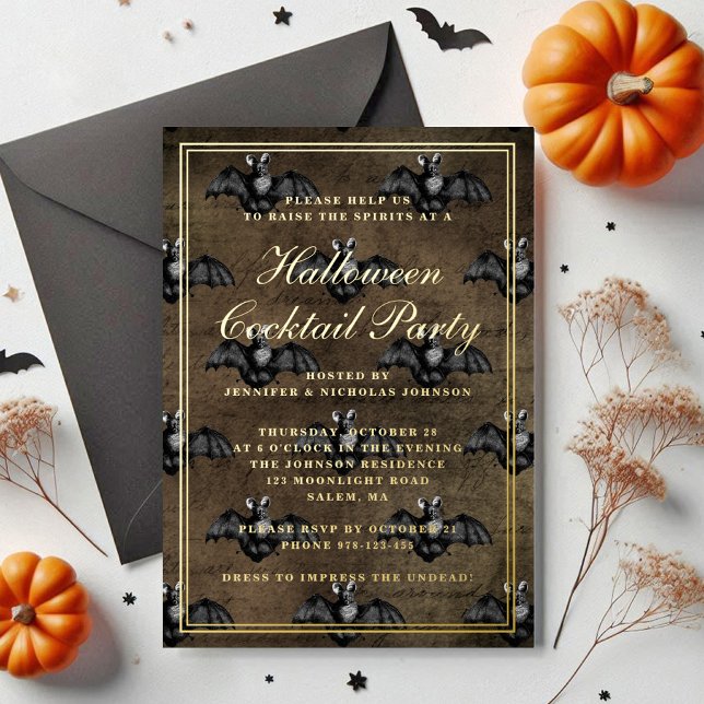 Gothic Bats Halloween Cocktail Party Gold (Gothic Bats Halloween Cocktail Party Gold Foil Invitation)