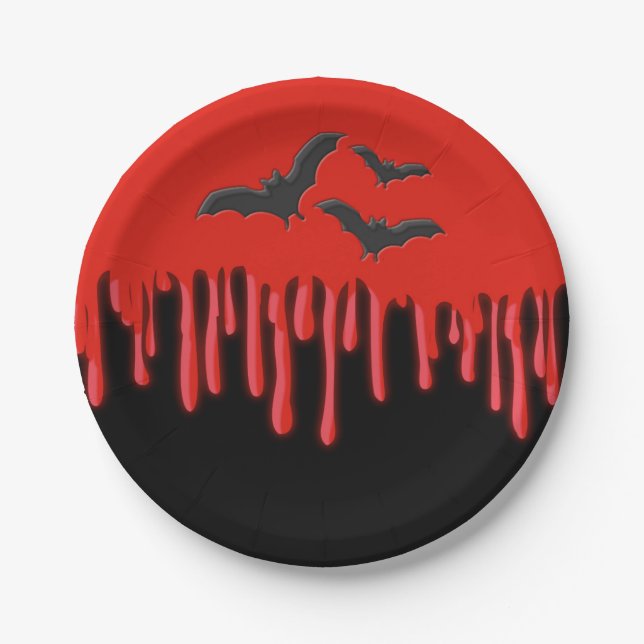 Gothic Bats & Red Dripping Blood Halloween Party Paper Plate (Front)