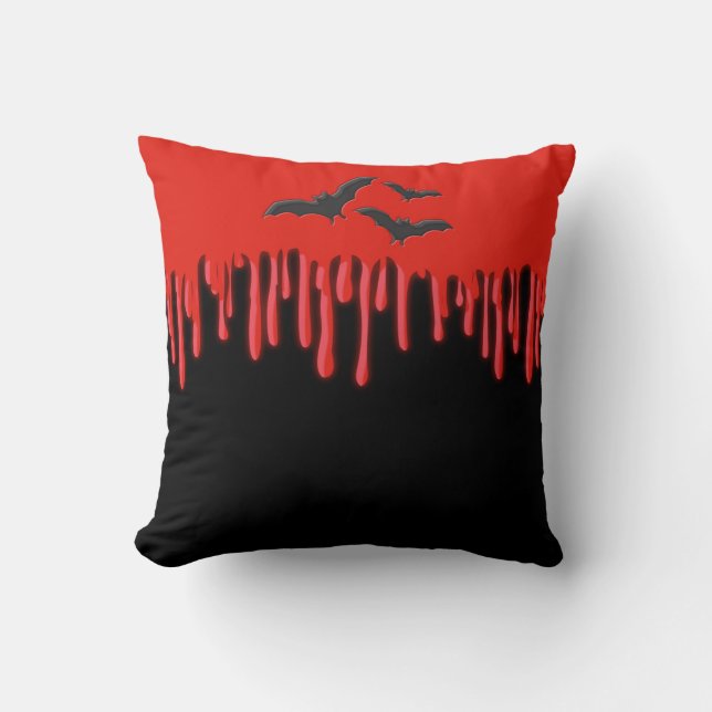 Gothic Bats & Red Dripping Blood Halloween Throw Pillow (Front)