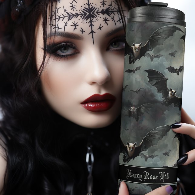 Gothic Bats Spooky Halloween Horror Vampire Thermal Tumbler (Go bats over this vampire flask. Personalise with your own name and get lost in the stormy flurry.)