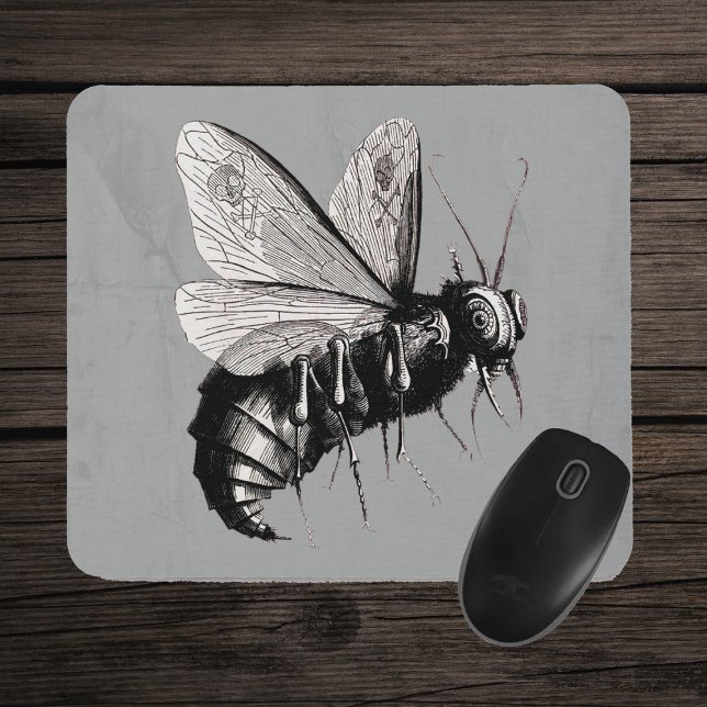 Gothic Bee Skull Wings Mouse Pad (Scary creepy black white bee illustration skull crossbones wings on grey mousepad.)