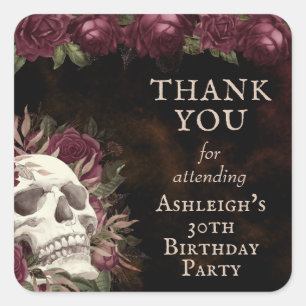 Gothic Birthday Skull Roses THANK YOU Square Sticker