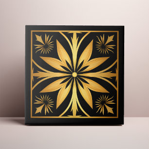 Gothic Black an Gold Floral Sunburst Tile
