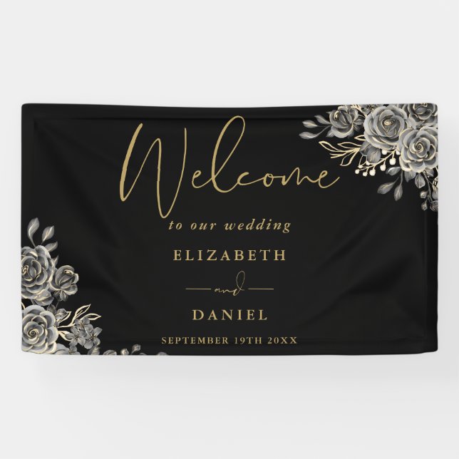 Gothic Black And Gold Floral Wedding Welcome Banner (Horizontal)