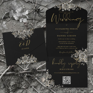Gothic Black And Gold Roses QR Code Wedding All In One Invitation
