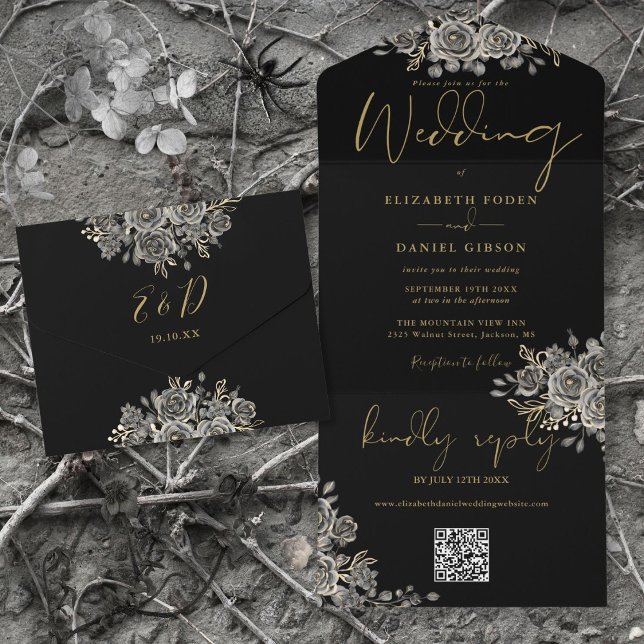 Gothic Black And Gold Roses QR Code Wedding All In One Invitation (Gothic Black And Gold Roses QR Code Wedding All In One Invitation)