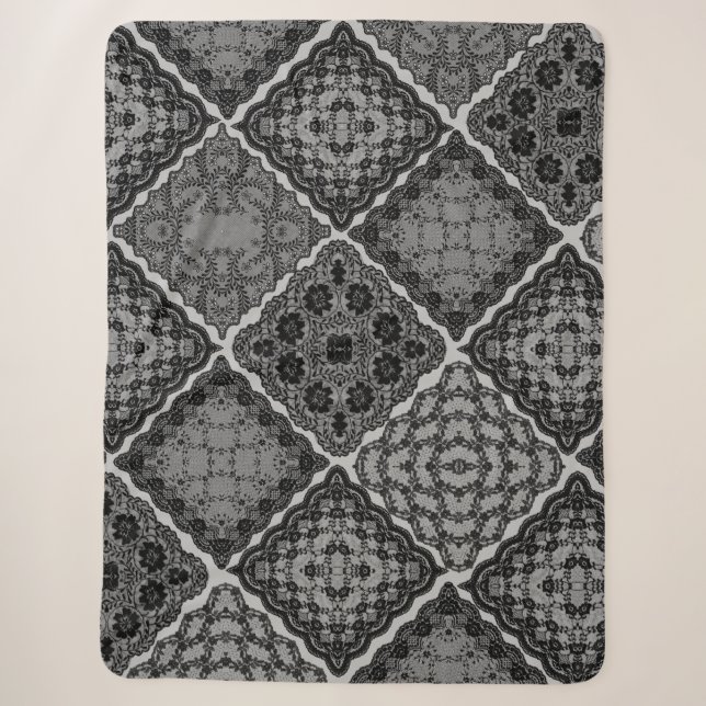 Gothic Black and Grey Faux Lace Quilt Sherpa Blanket (Front)