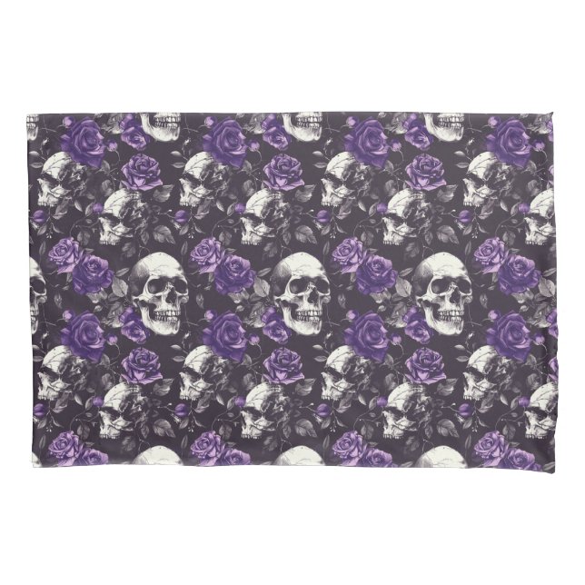 Gothic Black and Purple Skulls and Roses Bedding  Pillowcase (Front)