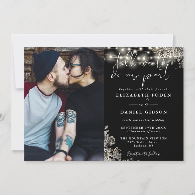 Gothic Black And White Floral Lights Photo Wedding Invitation (Front)