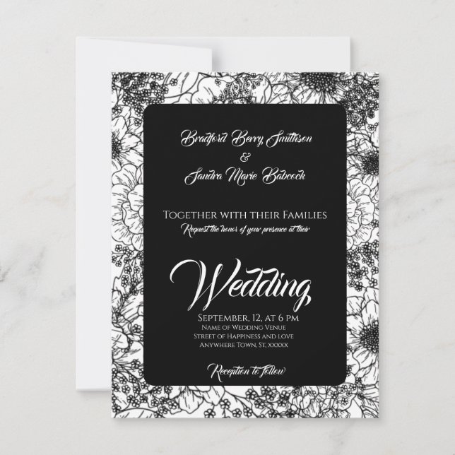 Gothic Black and White Floral  Wedding invitation (Front)