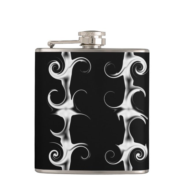 Gothic Black and White Linear Curlicue Pattern Hip Flask (Front)