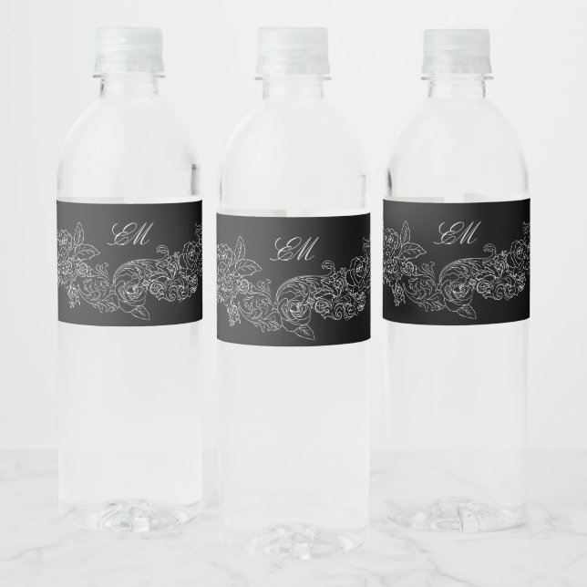 Gothic Black And White Monogram Wedding Water Bottle Label (Bottles)