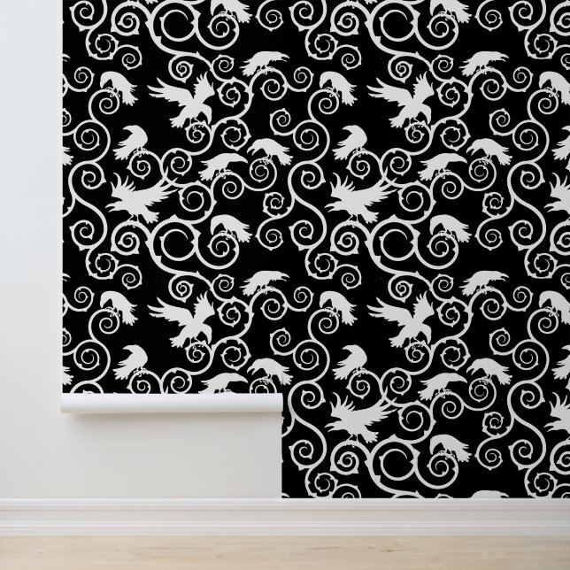 Gothic Black and White Raven Victorian Gothic Home Wallpaper (Application)