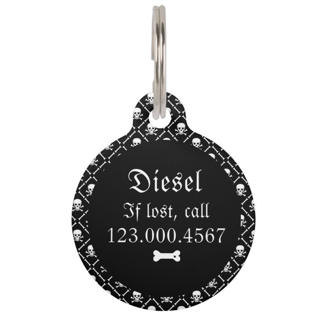 Gothic Black and White Skull Pet Tag (Back)