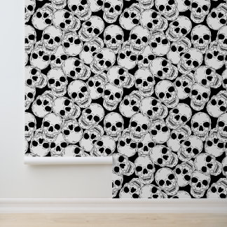 Gothic Black and White Skulls Pattern Wallpaper
