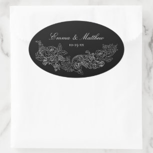 Gothic Black and White Wedding Monogram Oval Sticker