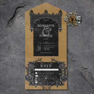 Gothic Black Arch & Black Roses Gold Three Dinner All In One Invitation