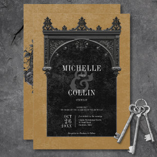 Gothic Black Arch & Black Roses Gold Wedding Invitation