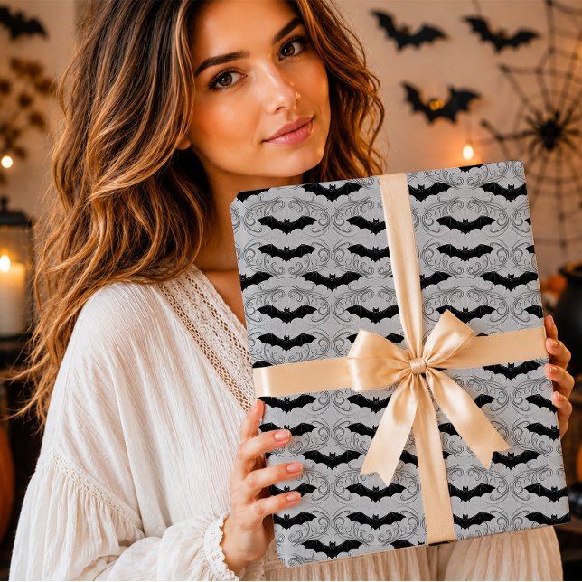 Gothic Black Bat Silver Grey Damask Halloween Wrapping Paper (Creator Uploaded)