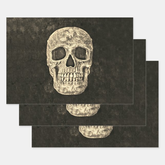 Gothic Black Beige Human Skull Texture Wrapping Paper Sheet (Set)