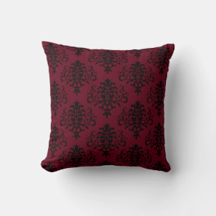 Gothic Black & Berry Damask Pattern Throw Pillow