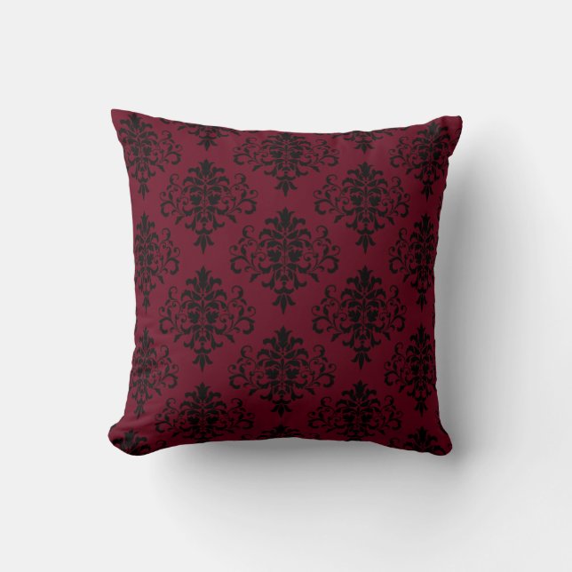 Gothic Black & Berry Damask Pattern Throw Pillow (Front)