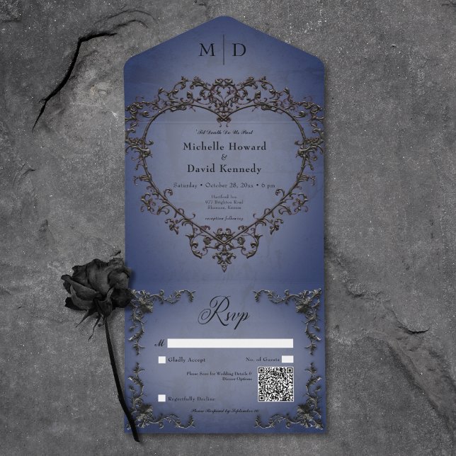 Gothic Black & Blue Filigree Heart QR Code All In One Invitation (Gothic Black & Blue Filigree Heart QR Code All In One Invitation)