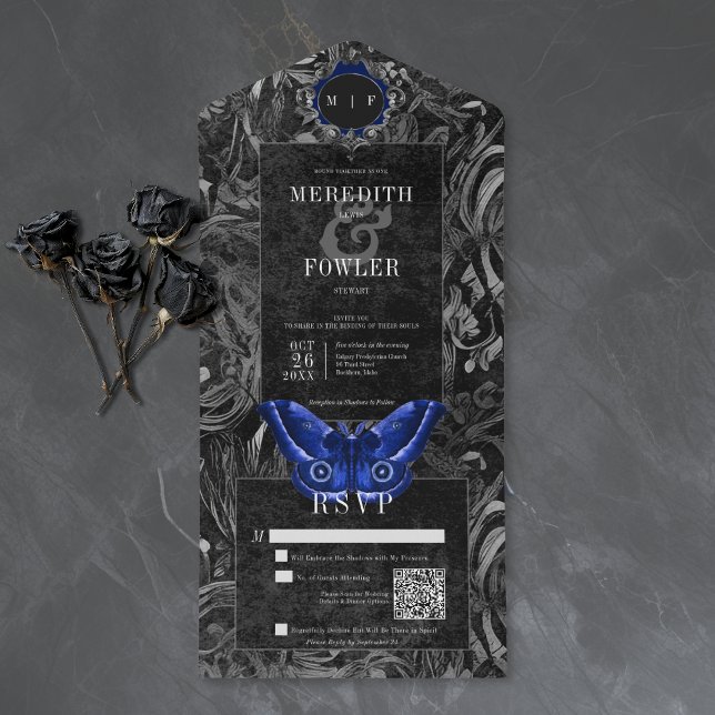 Gothic Black Blue Filigree Moth QR Code Wedding All In One Invitation (Creator Uploaded)